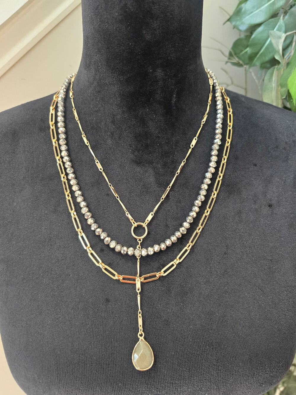 Gold Tone Faux Pearl Multi Strand Layered Pendant Statement Necklace